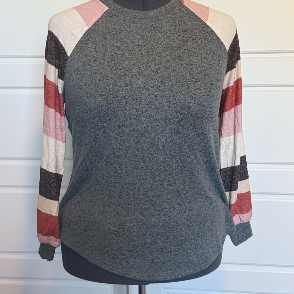 Maurices Gray Sweatshirt with Striped Sleeves